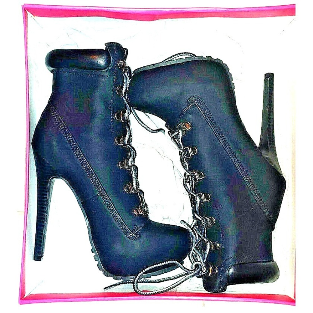 JUST FAB Women Size 6.5 Black Letha Stiletto 4" Heels Lace Up Boots Shoes